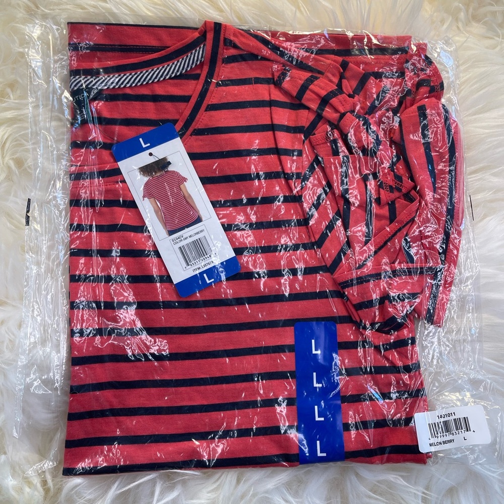 Nautica Tie Sleeve Top Striped Shirt, Red Black - Picture 6 of 7